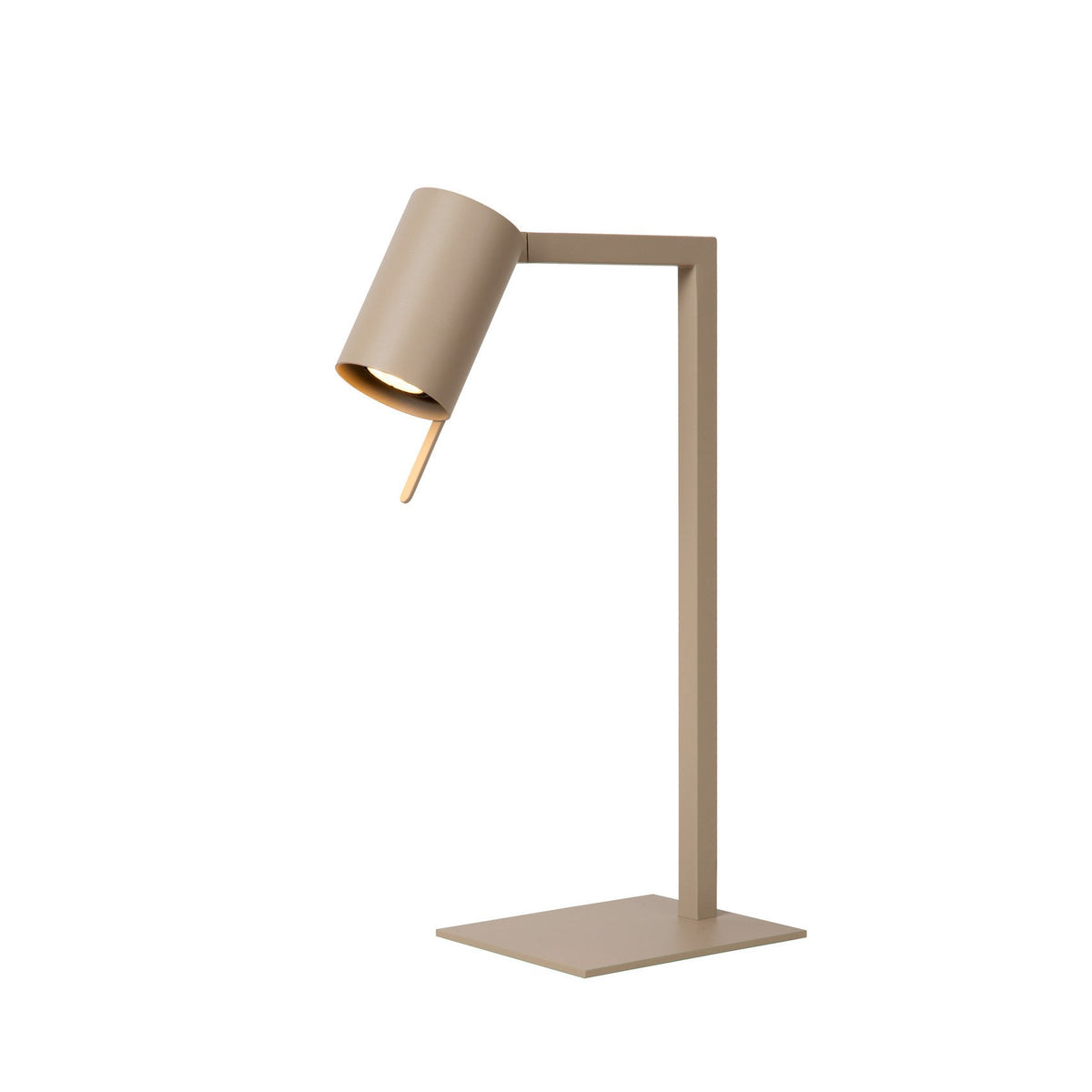 Lampe de bureau taupe entière, tête cylindrique inclinée vers le bas.