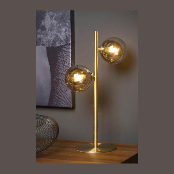 Lampe à poser Tycho 2 lumières dorée mat et fumée, verre