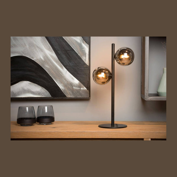 Lampe à poser Tycho 2 lumières noire et fumée, verre