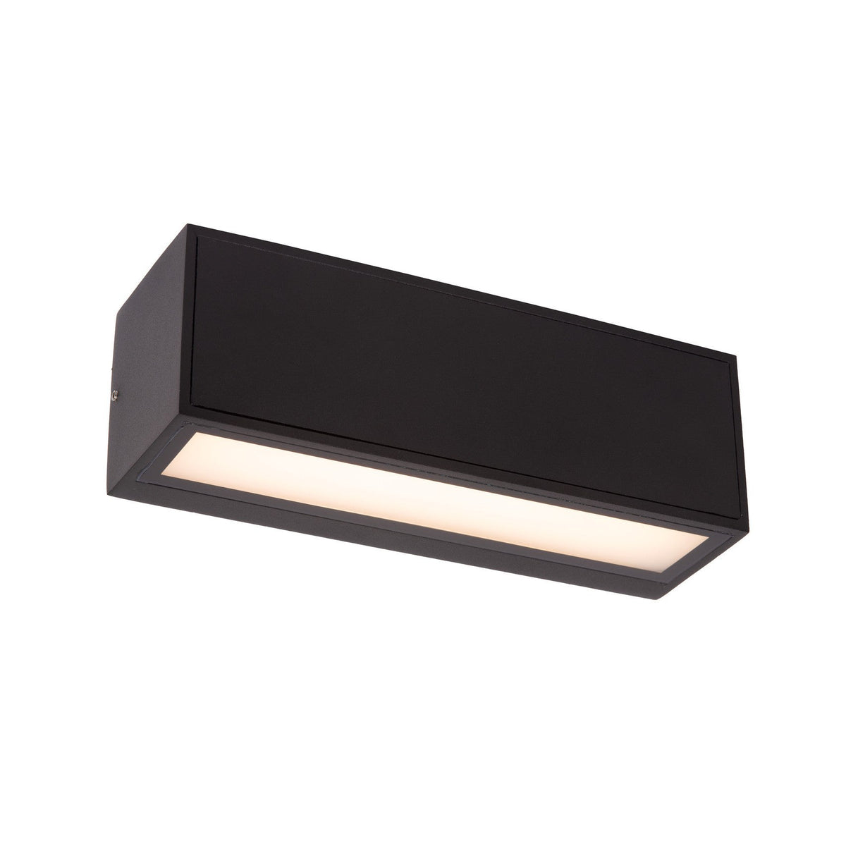 Vue de face de l'applique noire allumée, diffuseur blanc et lumière chaude