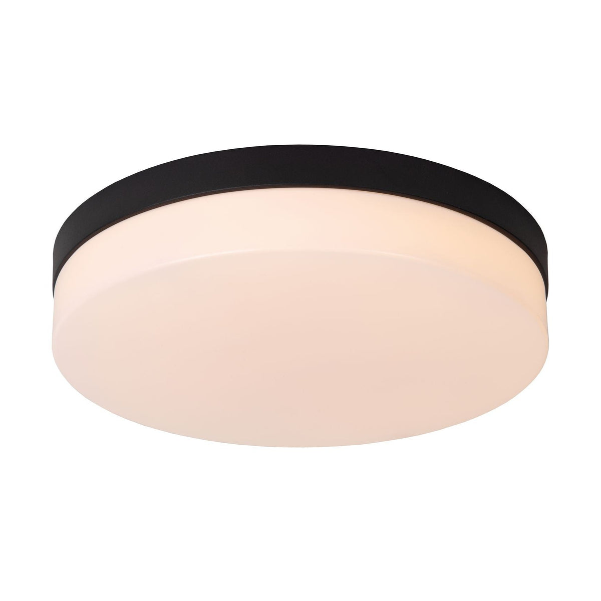 Plafonnier rond à cerclage noir et diffuseur opale, vu de face