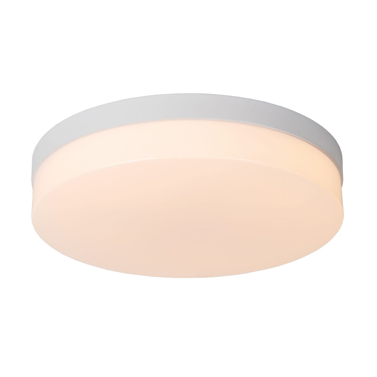 Plafonnier rond blanc vu de face, diffuseur opalin allumé, sans le cadre de fixation