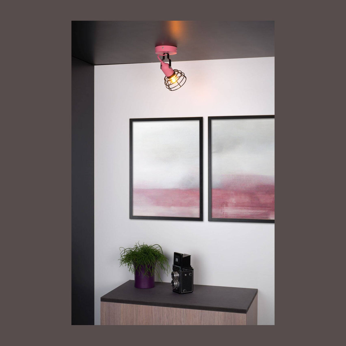 Luminaire rose allumé au plafond dans un salon avec tableaux et plante