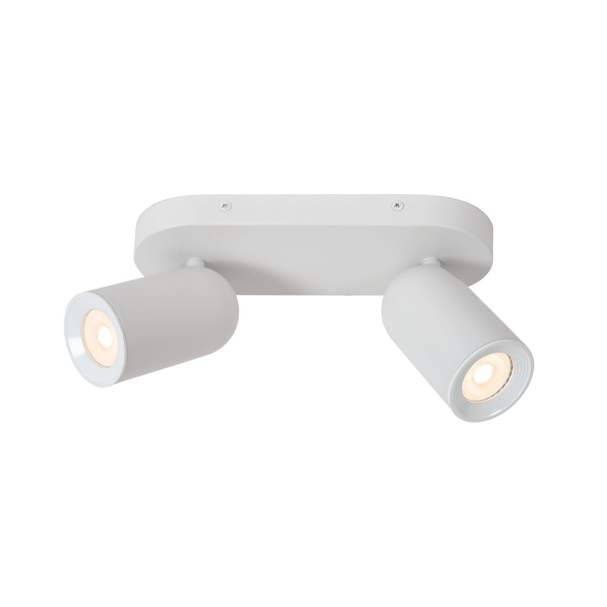 Vue de face du plafonnier blanc à deux projecteurs cylindriques orientables allumés