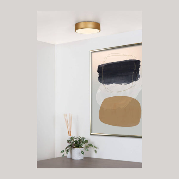 Plafonnier Unar doré mat et opale, Ø 20 cm