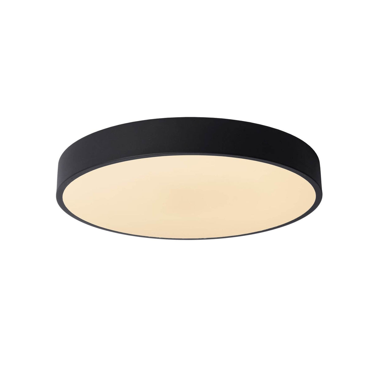 Vue de trois quarts du plafonnier rond noir au diffuseur opale allumé
