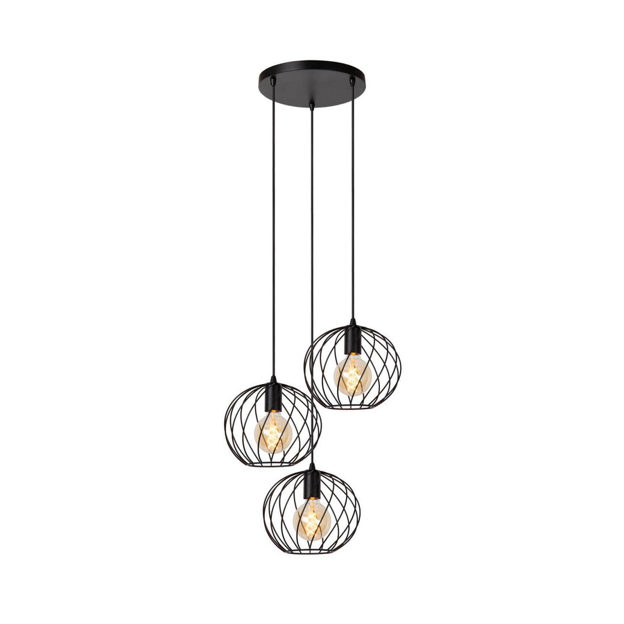 Suspension noire à trois cages sphériques en fil métallique, ampoules visibles