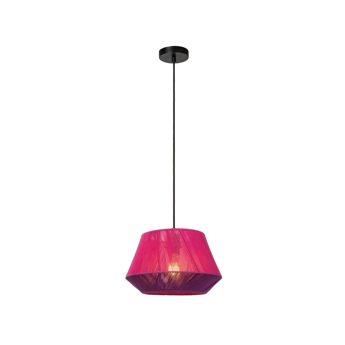 Vue d'ensemble de la suspension rose et noire avec abat-jour en coton tressé