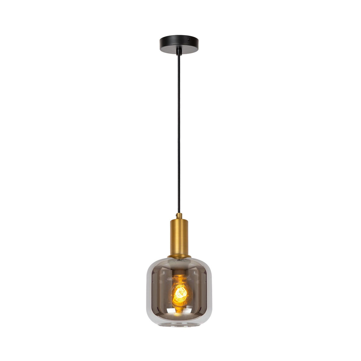 Suspension en verre fumé et gris, câble noir, douille dorée, ampoule allumée, fond blanc.