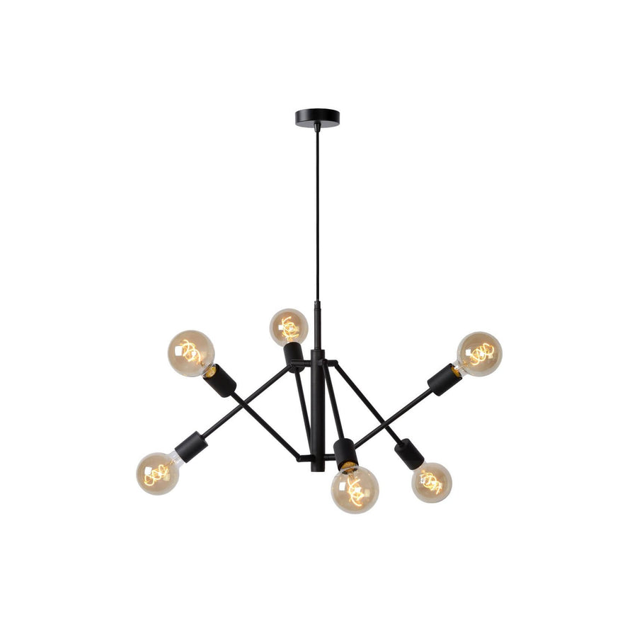 Suspension noire à six bras orientables terminés par ampoules rondes, vue de face sur fond blanc.