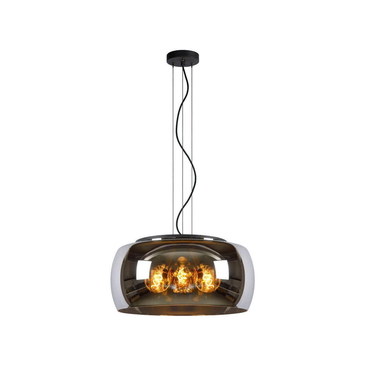 Suspension trois lumières vue de face, verre fumé et gris, ampoules allumées