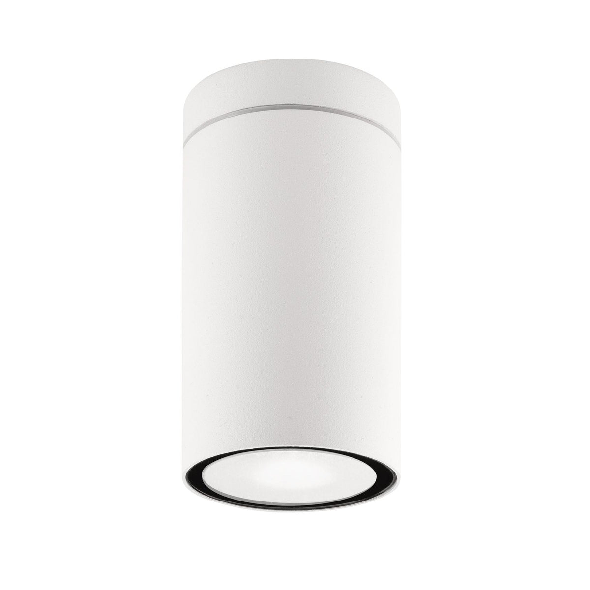Vue de face du plafonnier cylindrique blanc avec liseré noir inférieur.