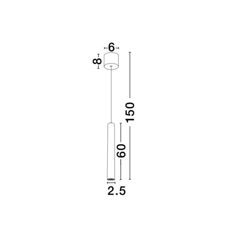 Schéma de dimensions d'une suspension blanche avec rosace, câble et tube cylindrique.