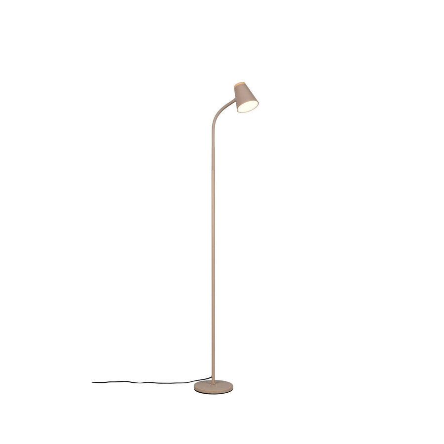 Lampadaire beige vu de face, abat-jour conique incliné et socle rond.