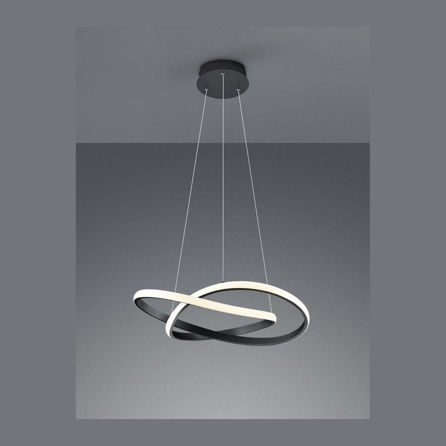 Suspension noire mat à deux anneaux entrelacés, vue de face sur fond gris