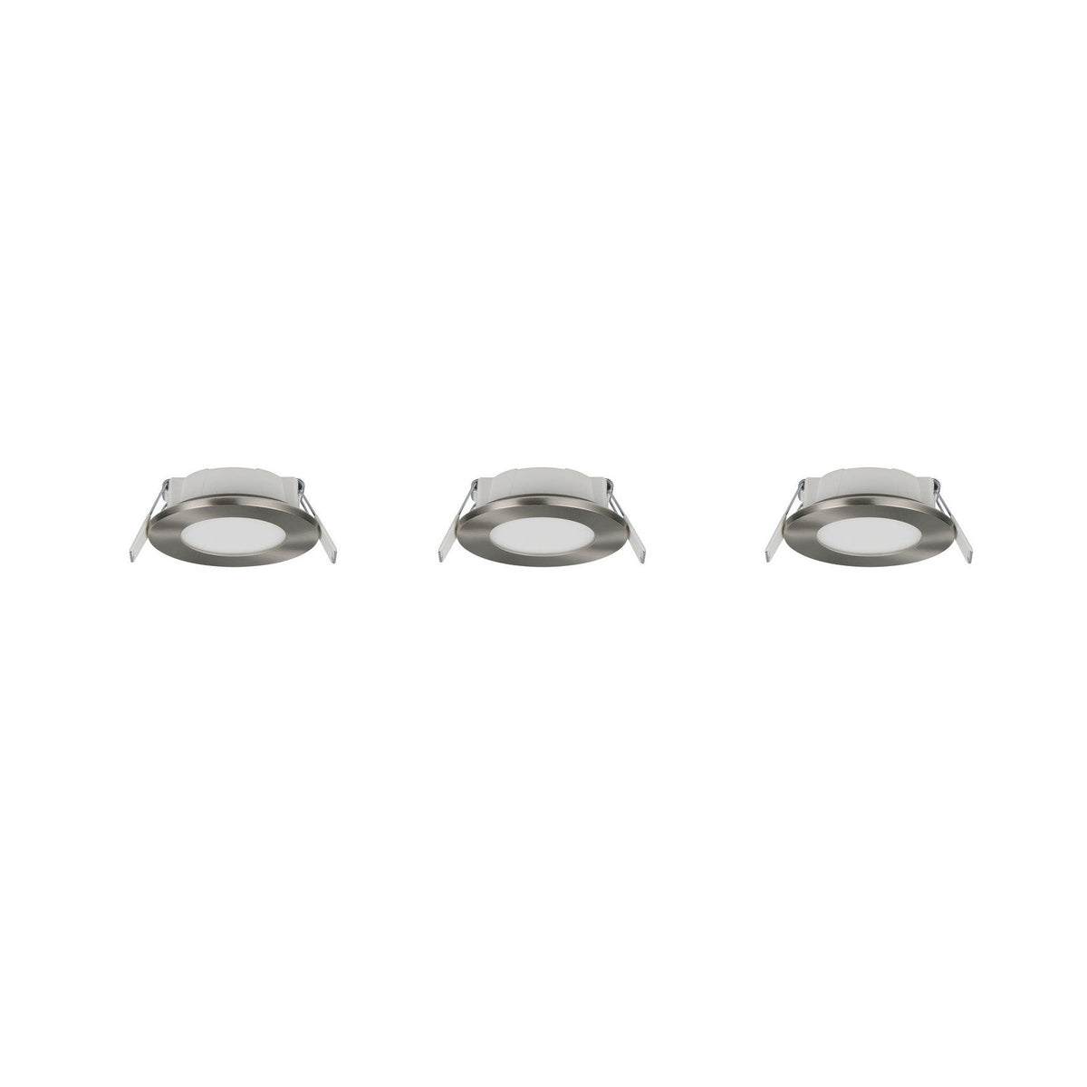Trois spots encastrables ronds nickel satiné vus de côté sur fond blanc, ressorts apparents.