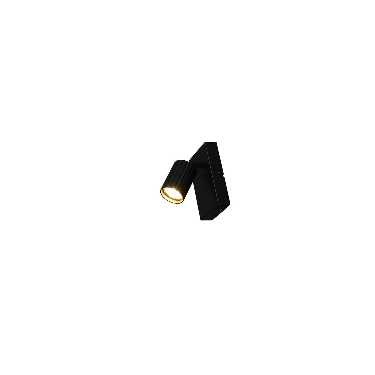 Spot noir mat orientable avec base rectangulaire et tête cylindrique allumée.