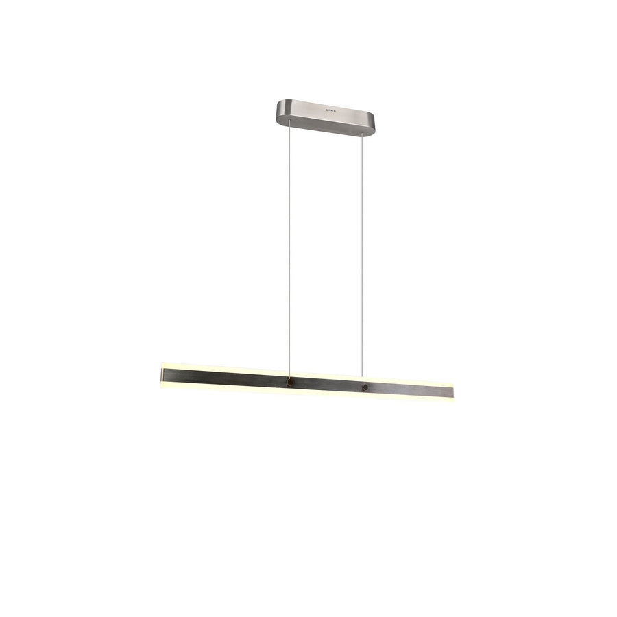 Luminaire suspendu vu de face, barre fine nickel satiné et deux câbles