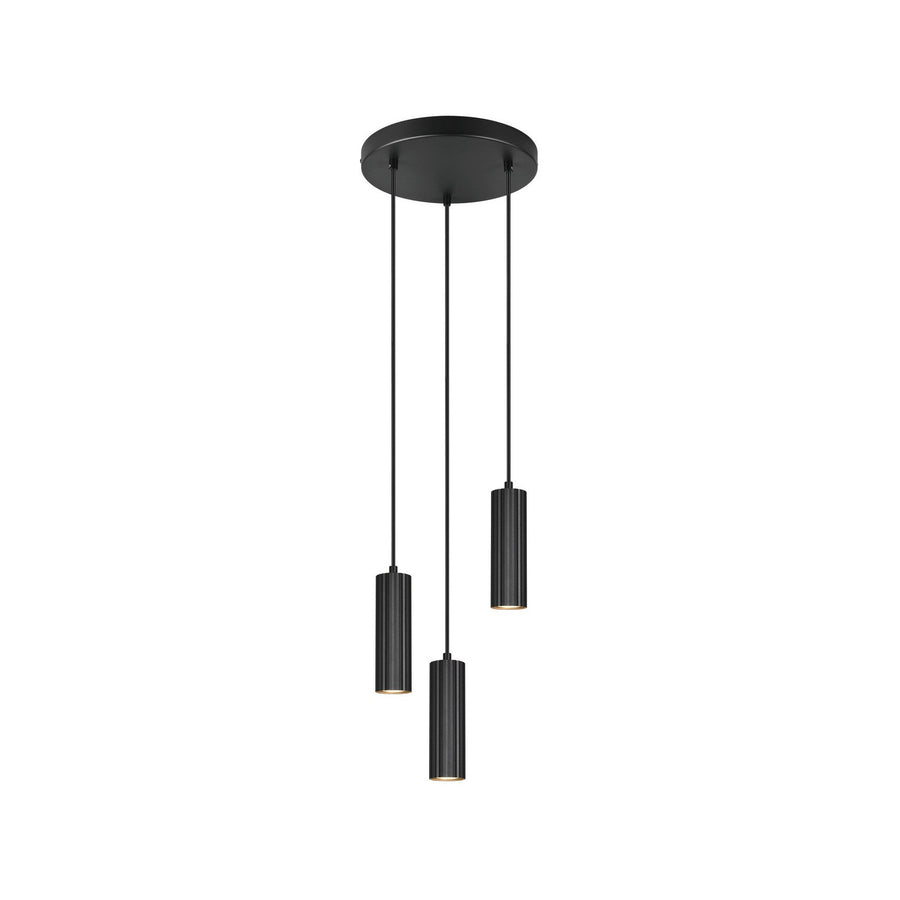 Vue de face du luminaire suspendu avec ses trois cylindres noirs et son plateau rond