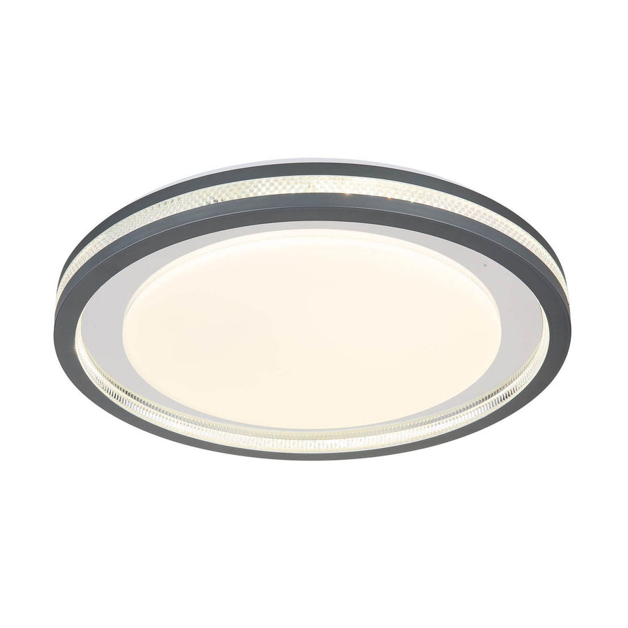 Plafonnier rond vu de face, large diffuseur blanc mat et cerclage gris anthracite