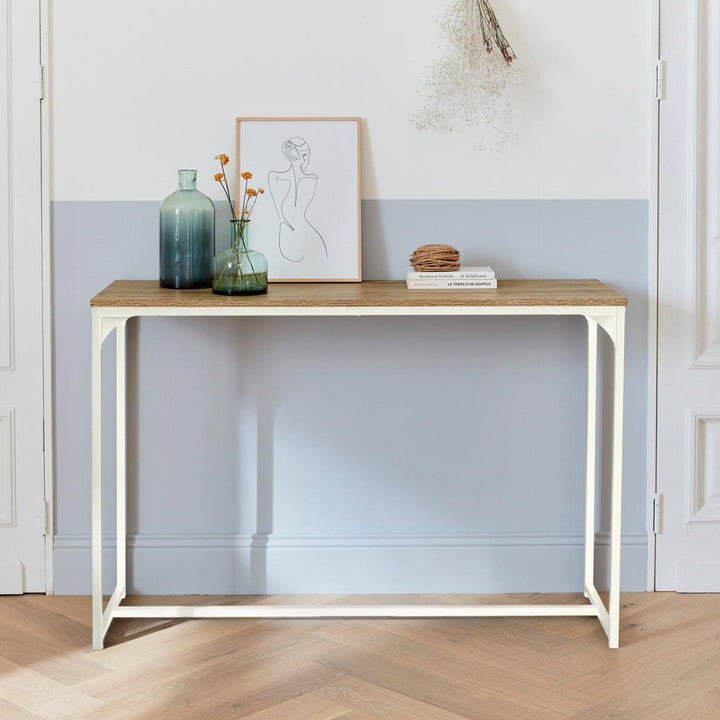 Alice'S Home - Console En Métal Blanc Mat Et Décor Bois. 120X39X79Cm - Loft - Table D'Appoint Avec 1 Barre De Renfort | Designix - Amazon    - https://designix.fr/