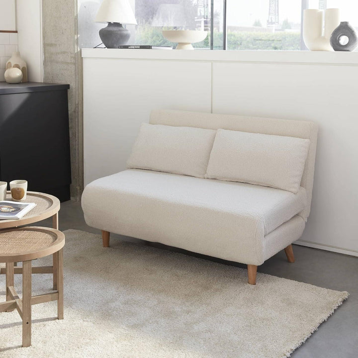 Alice'S Home - Canapé Convertible En Tissu Bouclettes Blanches- Guesta - 2 Places Scandinave. Pieds Bois Foncé. Banquette. Dossier Inclinable | Designix -     - https://designix.fr/