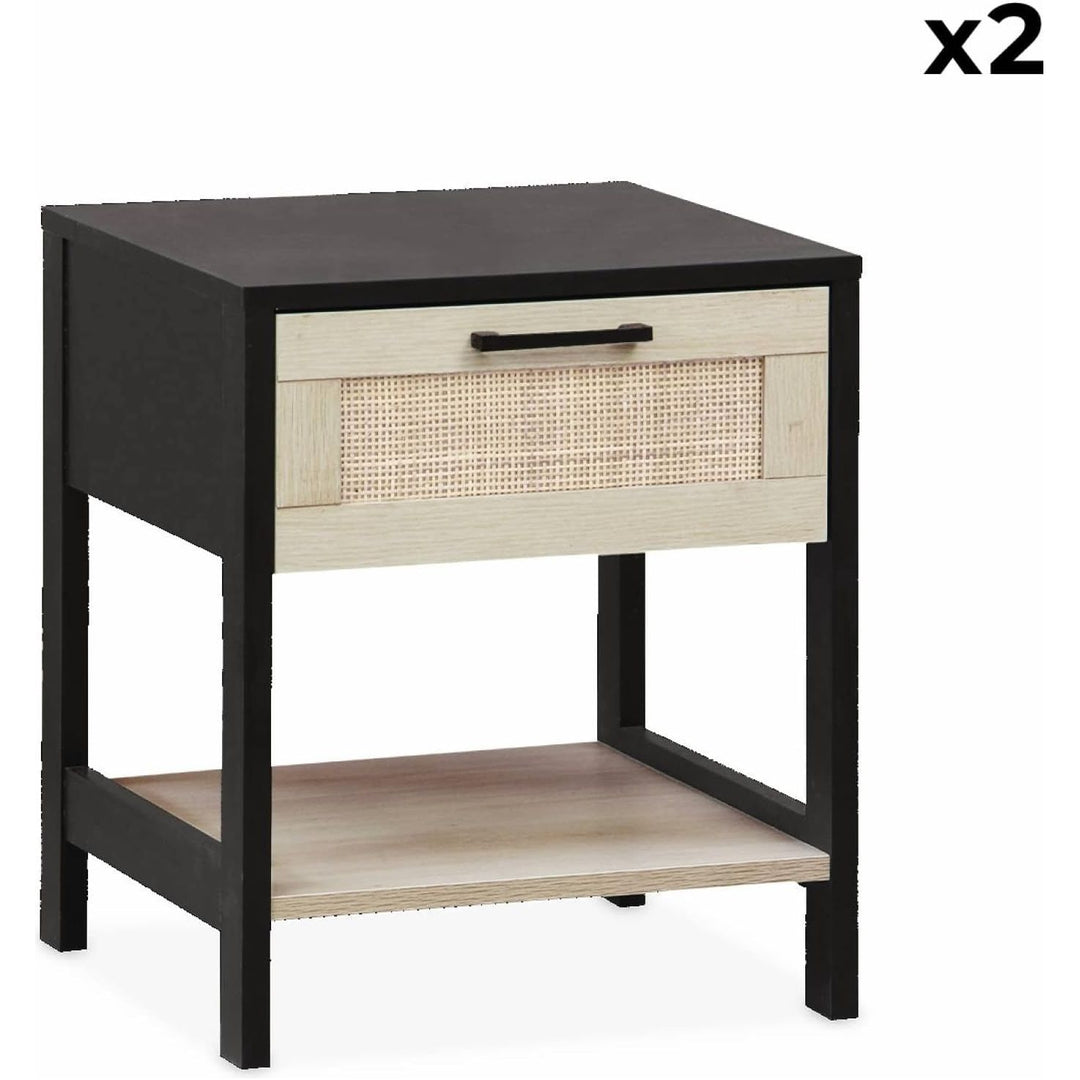 Alice'S Home - Lot De 2 Tables De Chevet. Noir Et Cannage 40 X 40 X 48Cm - Bianca - 1 Tiroir. 1 Étagère | Designix - Amazon    - https://designix.fr/