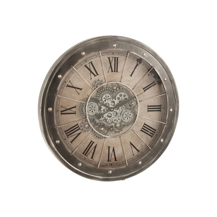 Horloge en chiffres romains, mécanisme visible, métal + verre, gris antique. | Designix -     - https://designix.fr