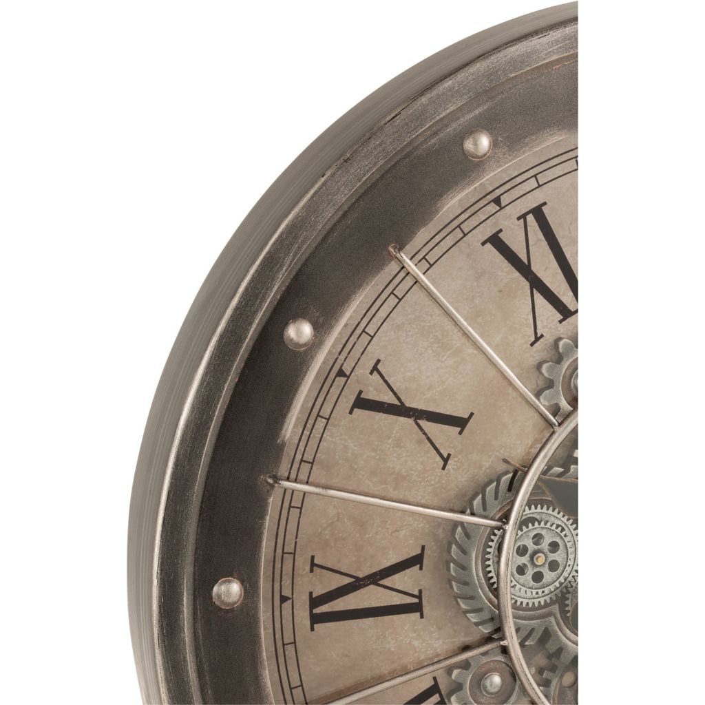 Horloge en chiffres romains, mécanisme visible, métal + verre, gris antique. | Designix -     - https://designix.fr