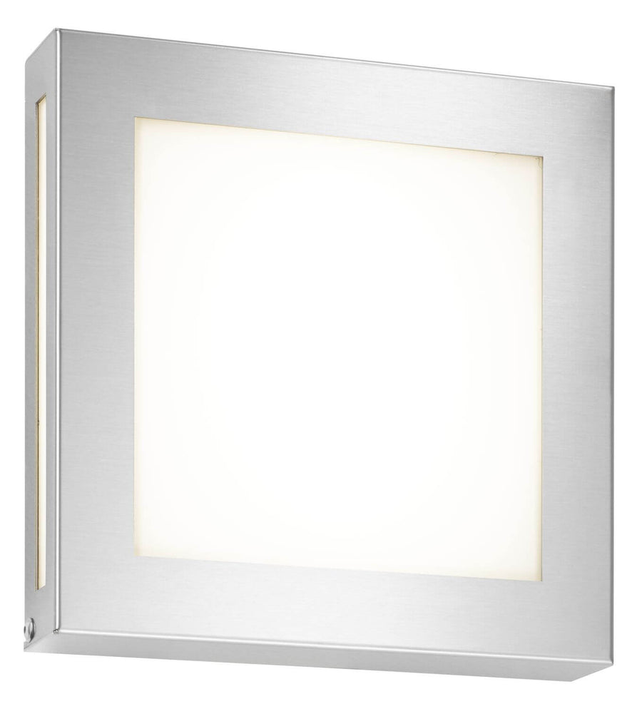 Applique extérieure carrée en inox avec diffuseur blanc, vue de trois quarts.