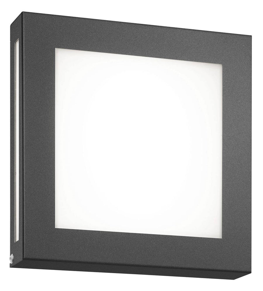 Applique murale carrée anthracite avec diffuseur blanc, vue de trois quarts, produit de face légèrement incliné.
