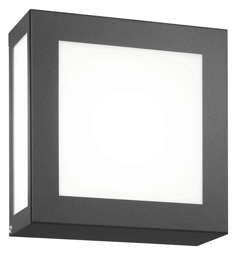 Vue de trois quarts d'une applique murale carrée anthracite avec diffuseur blanc