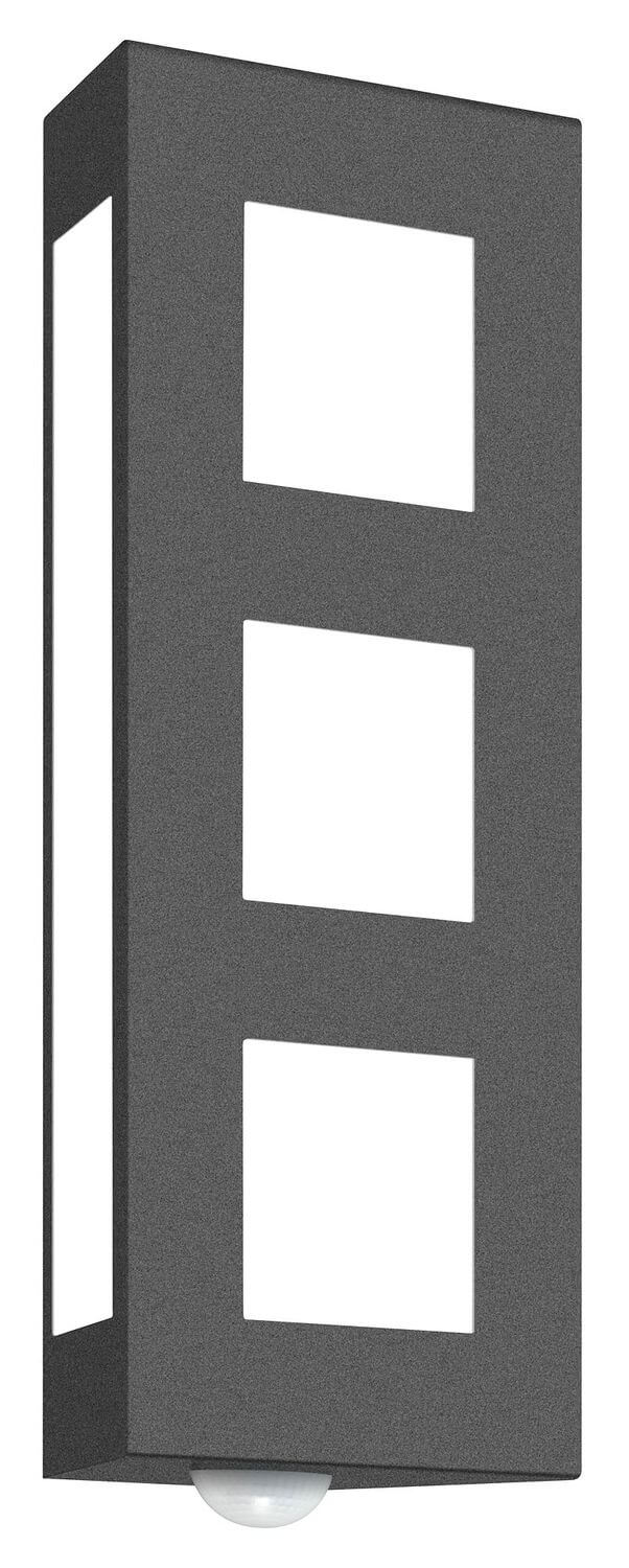 Vue de face de l'applique extérieure anthracite avec trois hublots carrés alignés.