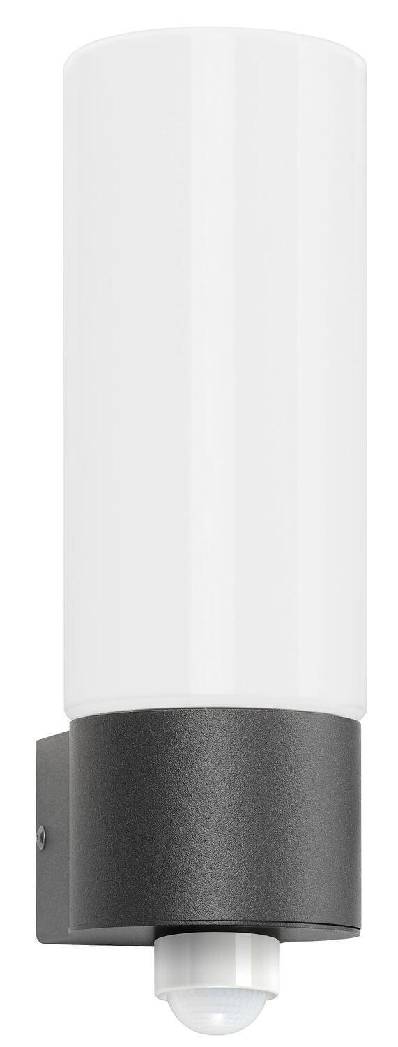 Vue de face du luminaire mural cylindrique blanc, support anthracite et capteur inférieur