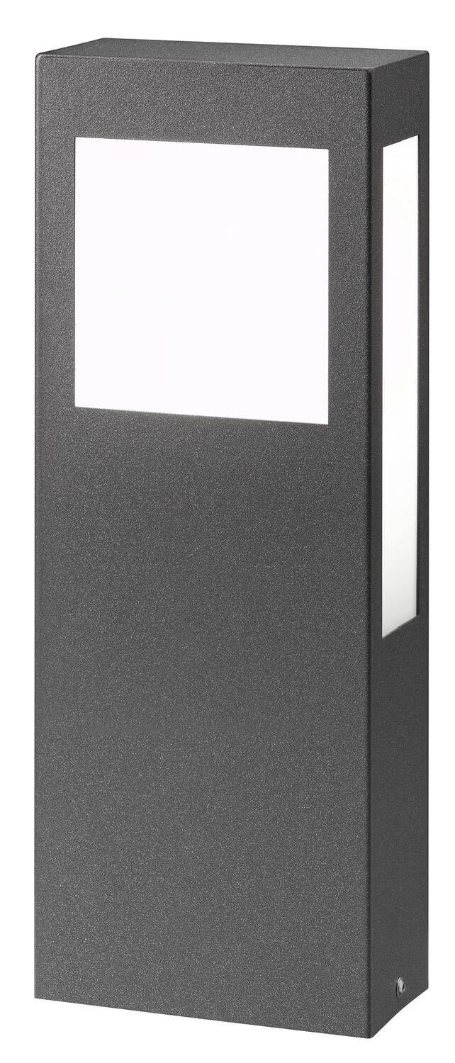 Vue de face du luminaire anthracite avec diffuseur blanc carré et fenêtre latérale.