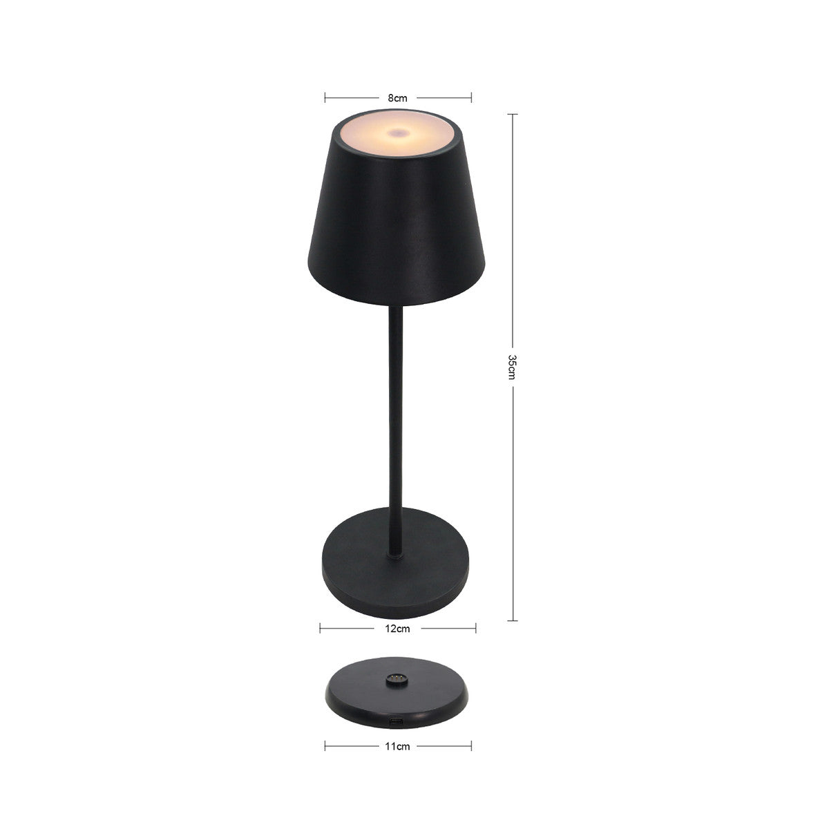 Schéma coté de la lampe, hauteur 35 cm, abat-jour 8 cm et base 12 cm