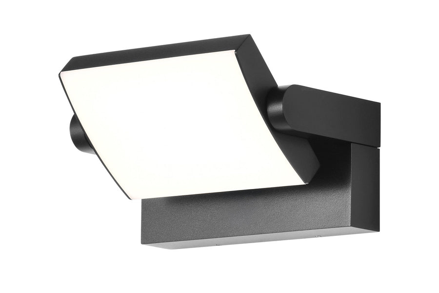 Vue de trois quarts du luminaire mural noir, montrant le bras et le support