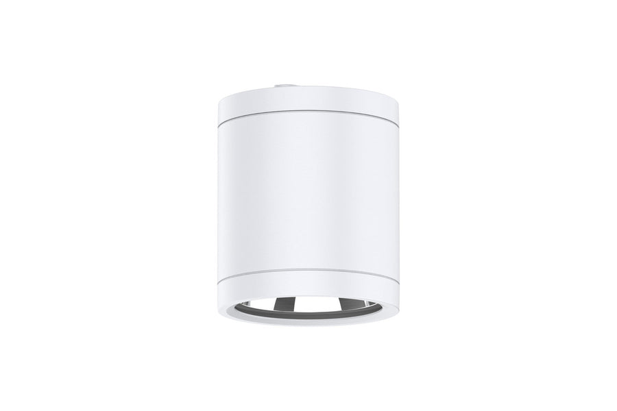 Vue rapprochée du dessous du luminaire blanc, montrant grille et réflecteur interne.