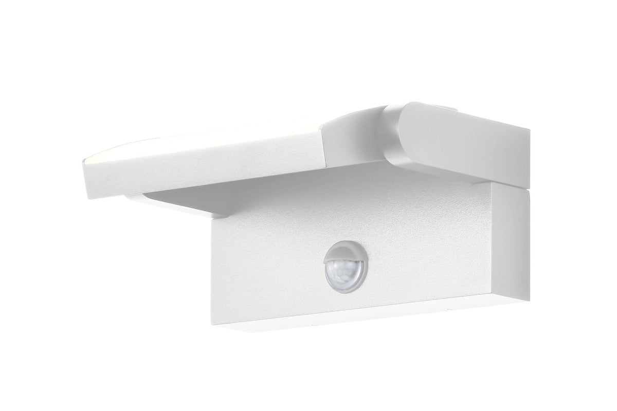 Vue de dessous du luminaire blanc montrant le support mural et le capteur