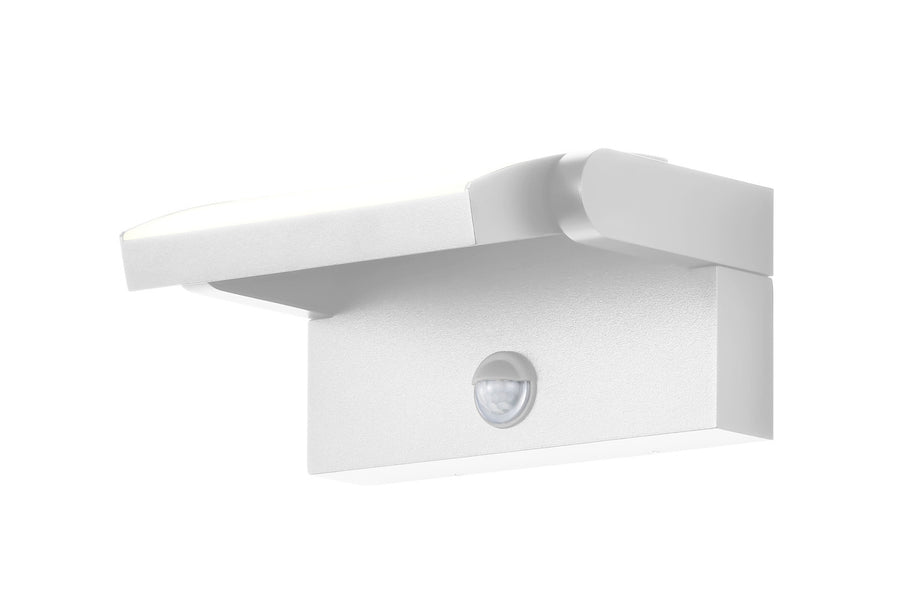 Vue de dessous du luminaire blanc montrant le support mural et le capteur