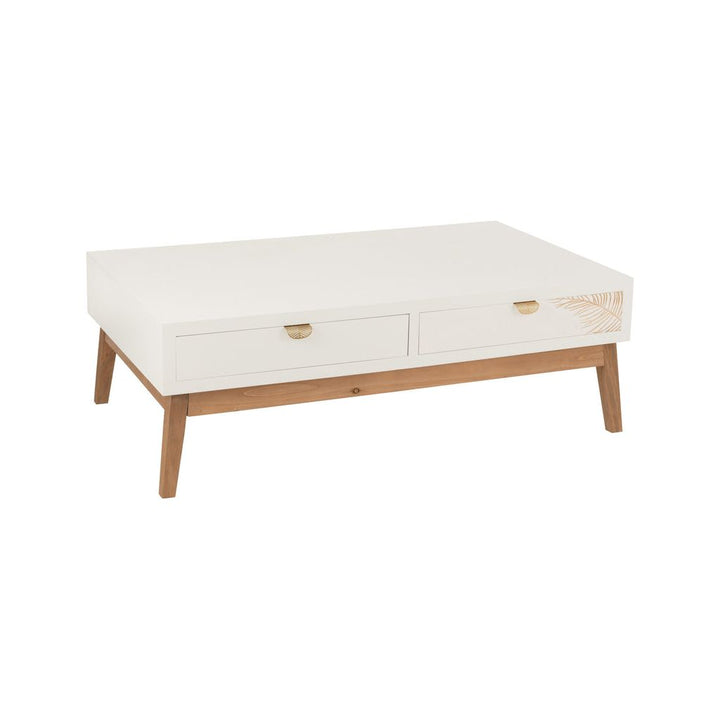 Table basse 2 tiroirs feuille en bois MDF blanc/naturel | Designix -     - https://designix.fr