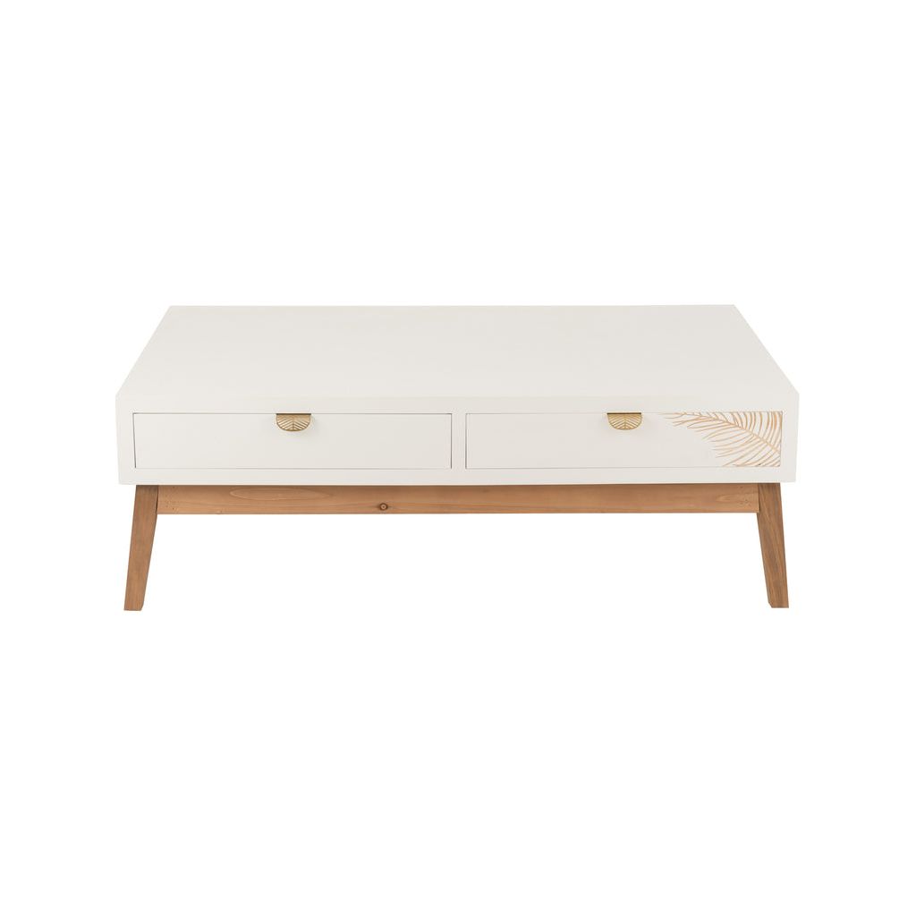 Table basse 2 tiroirs feuille en bois MDF blanc/naturel | Designix -     - https://designix.fr