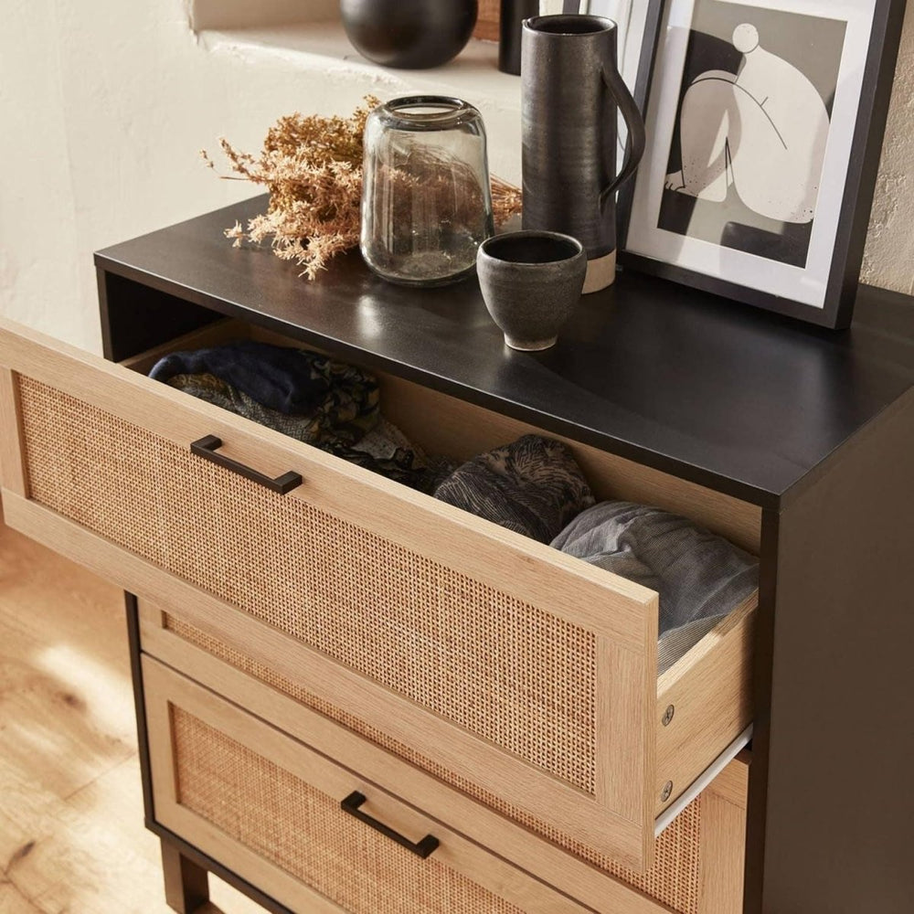 Commode Noire Cannage Tiroirs | Évasion - Designix Commode