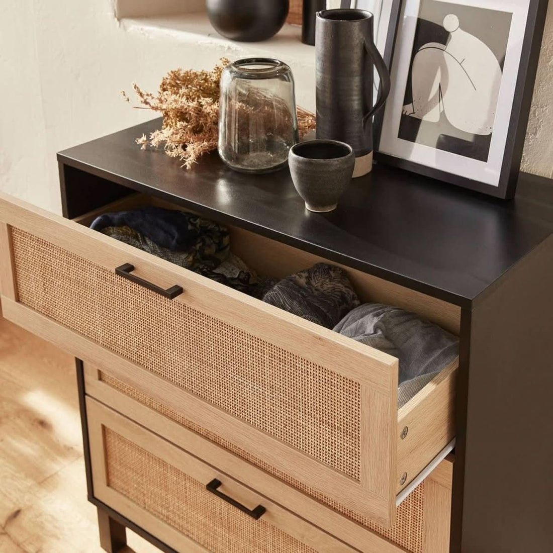 Commode Noire Cannage Tiroirs | Évasion