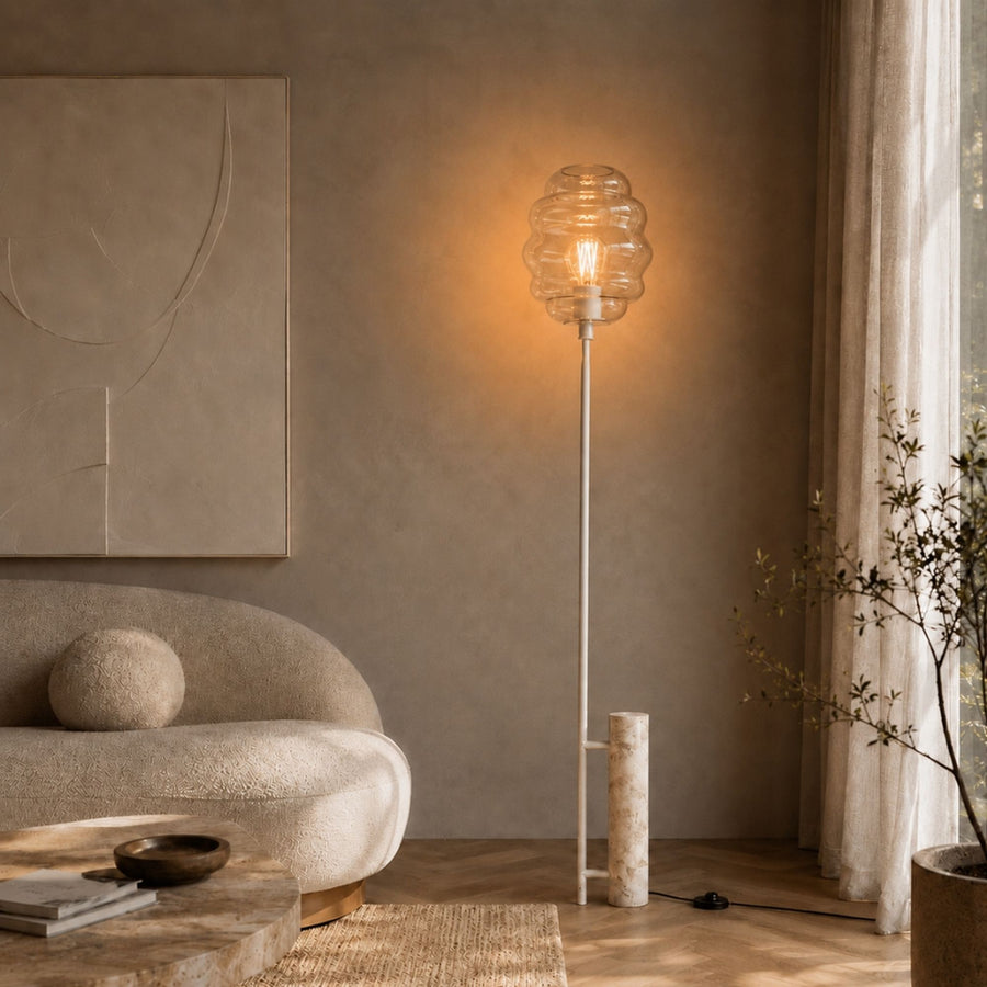 Lampadaire Echos, pied en travertin, monture blanche