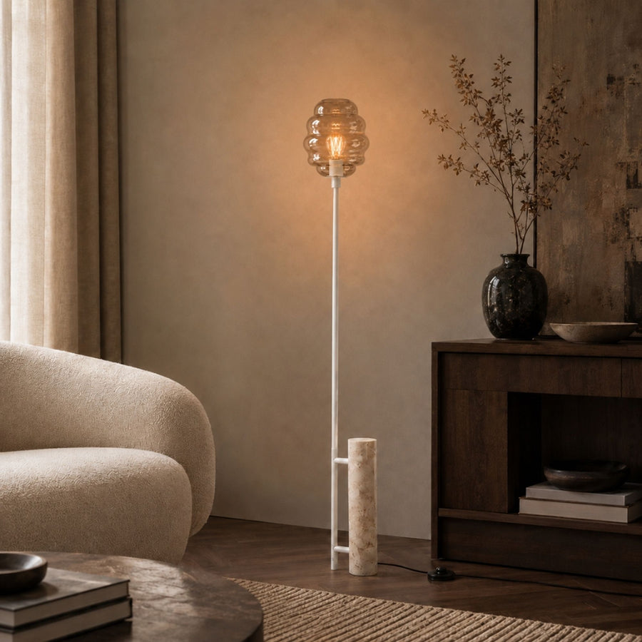 Lampadaire Echos, pied en travertin, monture blanche