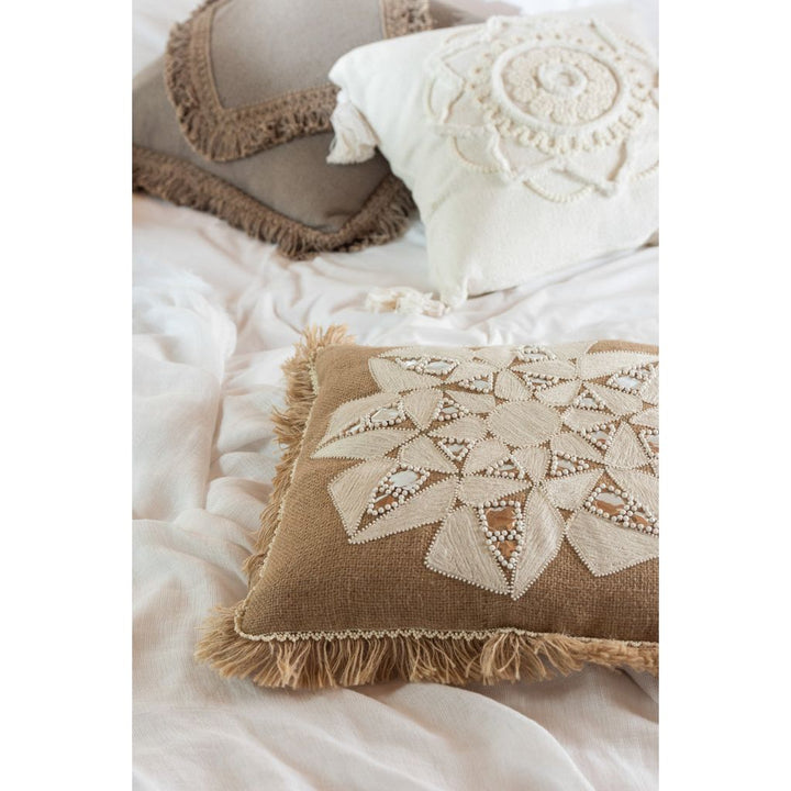 Coussin Carré Frangé Coton Taupe - Designix