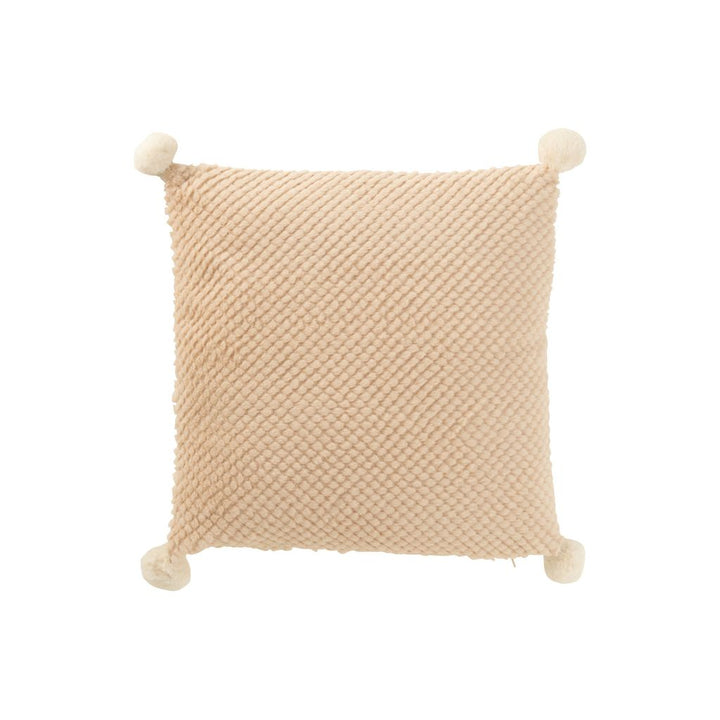 Coussin doux en polyester beige avec pompons. | Designix -     - https://designix.fr