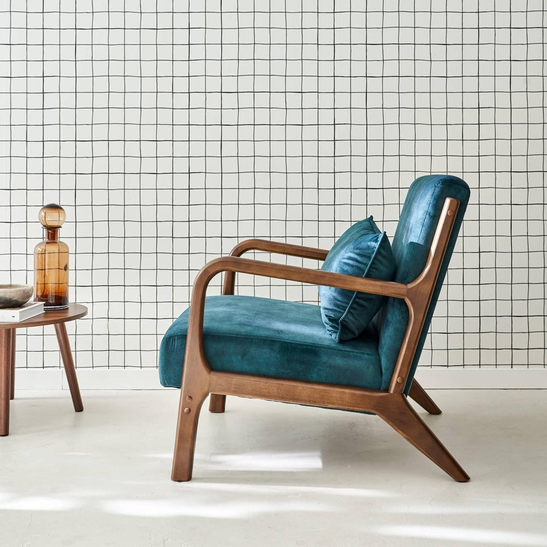 Alice'S Home - Fauteuil En Velours Bleu Pétrole. Pieds Bois D'Hévéa Teinté Noyer Clair. 1 Place Droit Fixe. Pieds Compas Scandinave | Designix -     - https://designix.fr/