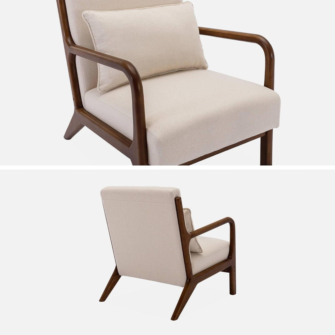 Alice'S Home - Fauteuil Tissu Beige Pieds Bois D'Hévéa Teinté Noyer. 1 Place Droit Fixe. Pieds Compas Scandinave. Structure En Bois Solide | Designix -     - https://designix.fr/